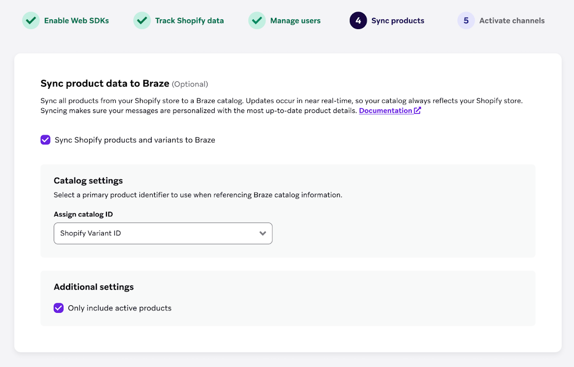 Setup step to sync product data to Braze.