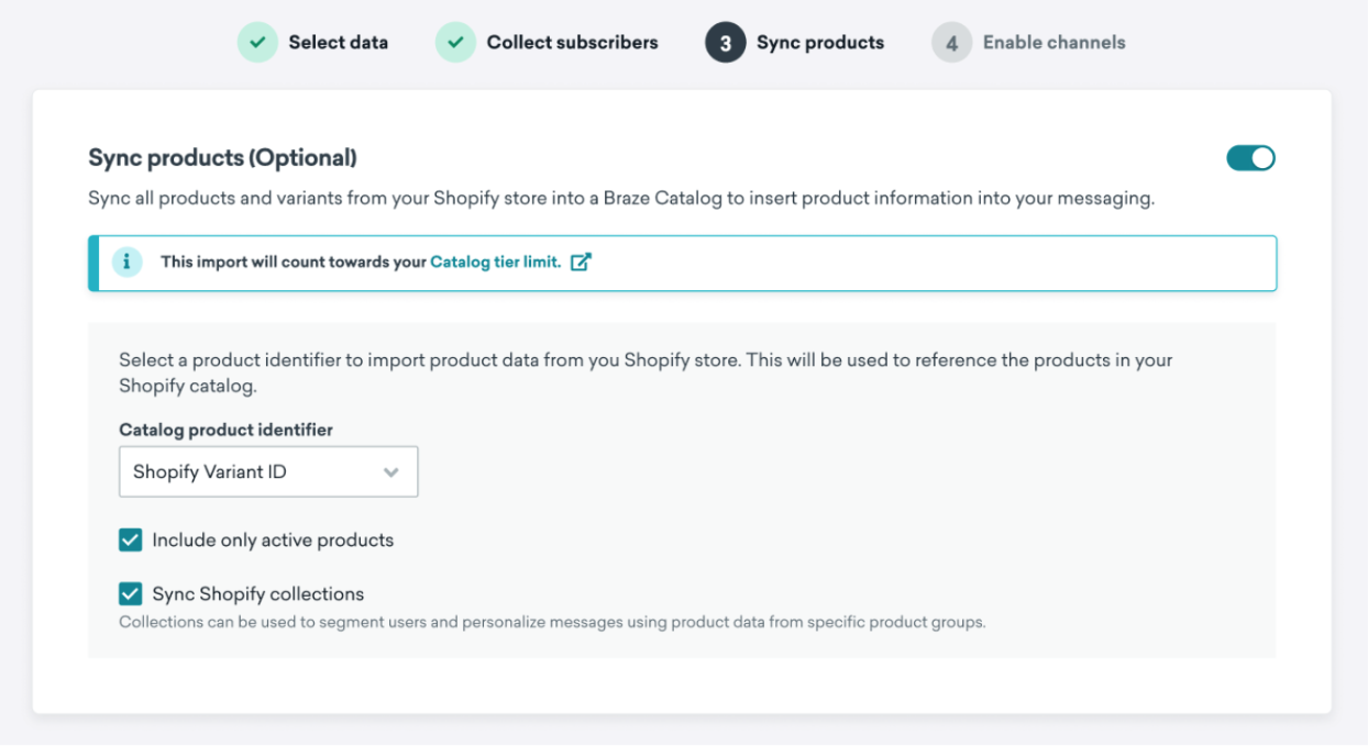 Step 4 of the set up process with "Shopify Variant ID" as the "Catalog product identifier".