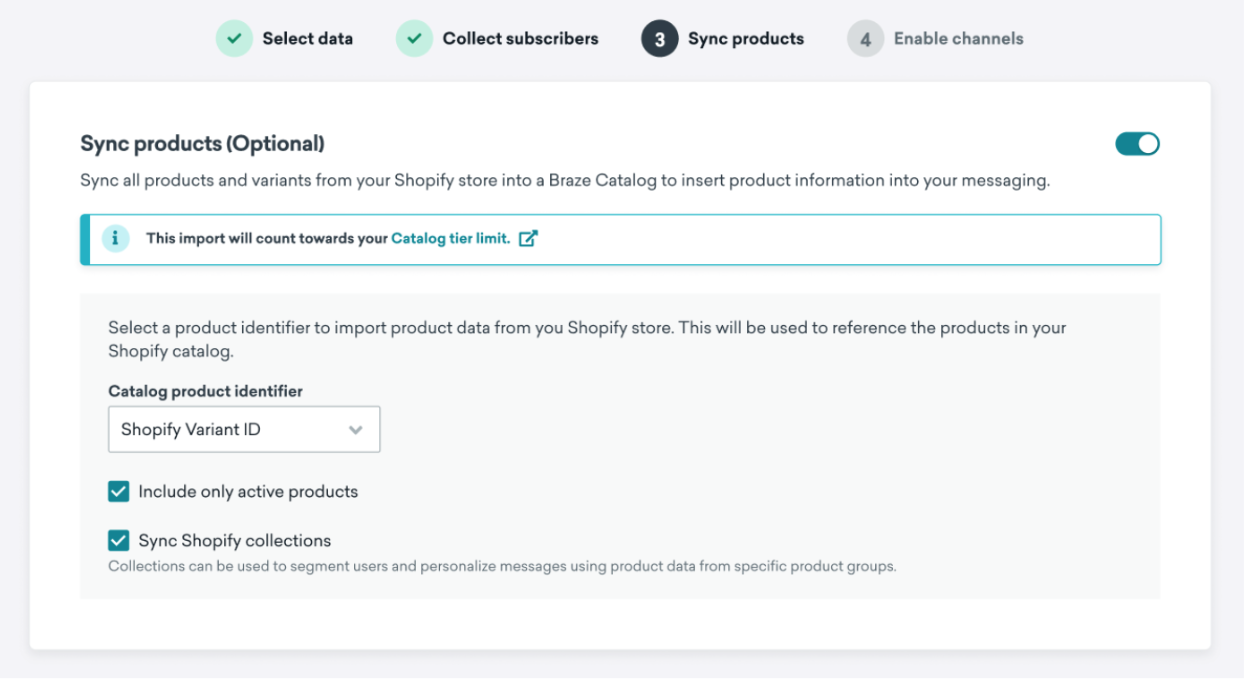 Step 3 of the set up process with "Shopify Variant ID" as the "Catalog product identifier".