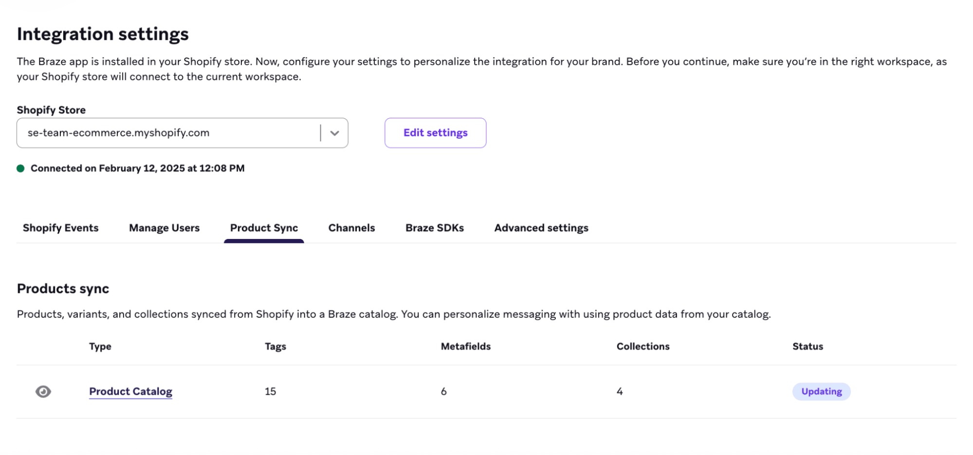 Integration settings page with a product sync status.