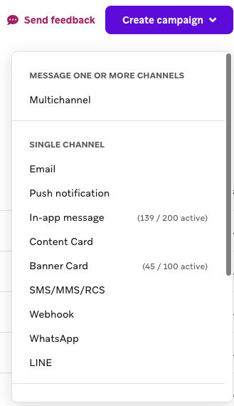 The dropdown from selecting the "Create campaign" button to choose either multichannel or single channel.