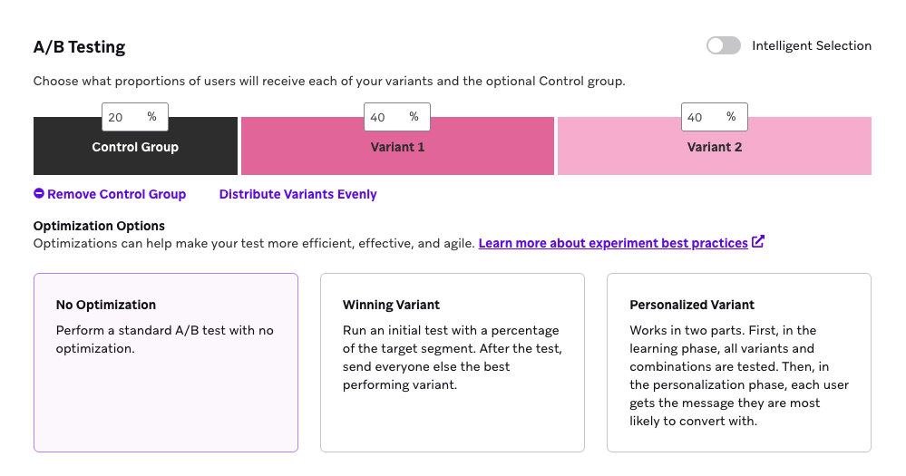 A/B Testing panel that shows the percentage breakdown of the Control Group, Variant 1, Variant 2, and Variant 3 with 25% for each group.