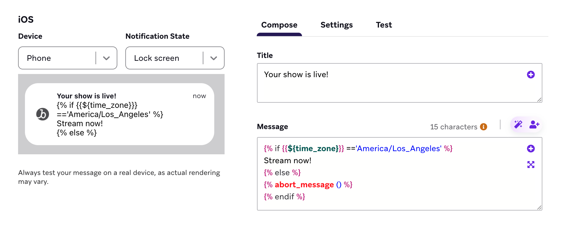 A push notification composer with the full Liquid code from the tutorial.