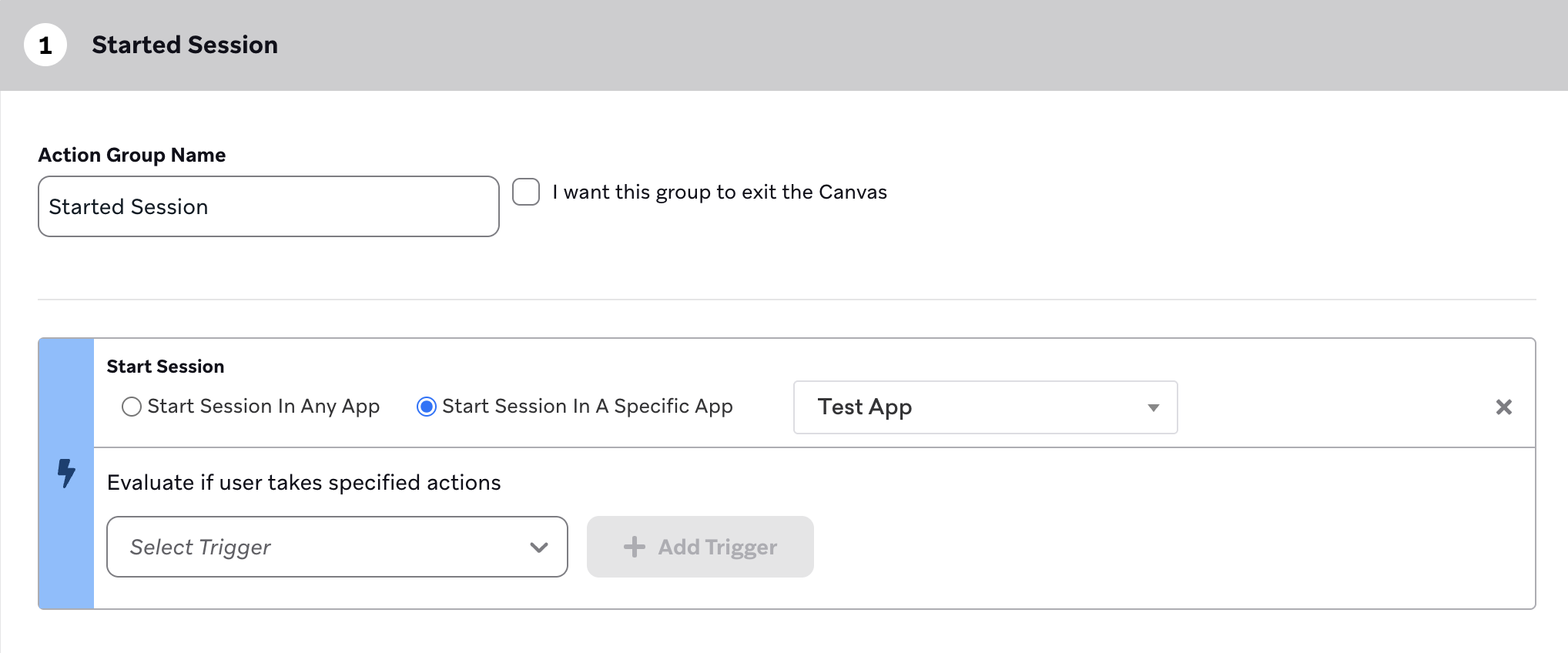 An action group named "Group 1" for users who make any purchase.