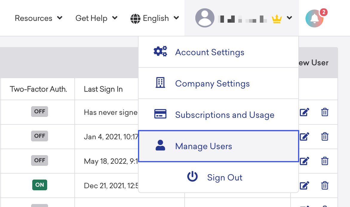 Manage Users option of the profile dropdown.