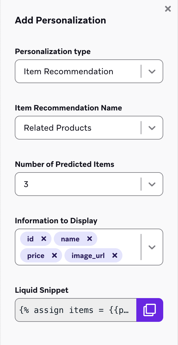 "Add Personalization" modal with item recommendation as the personalization type.