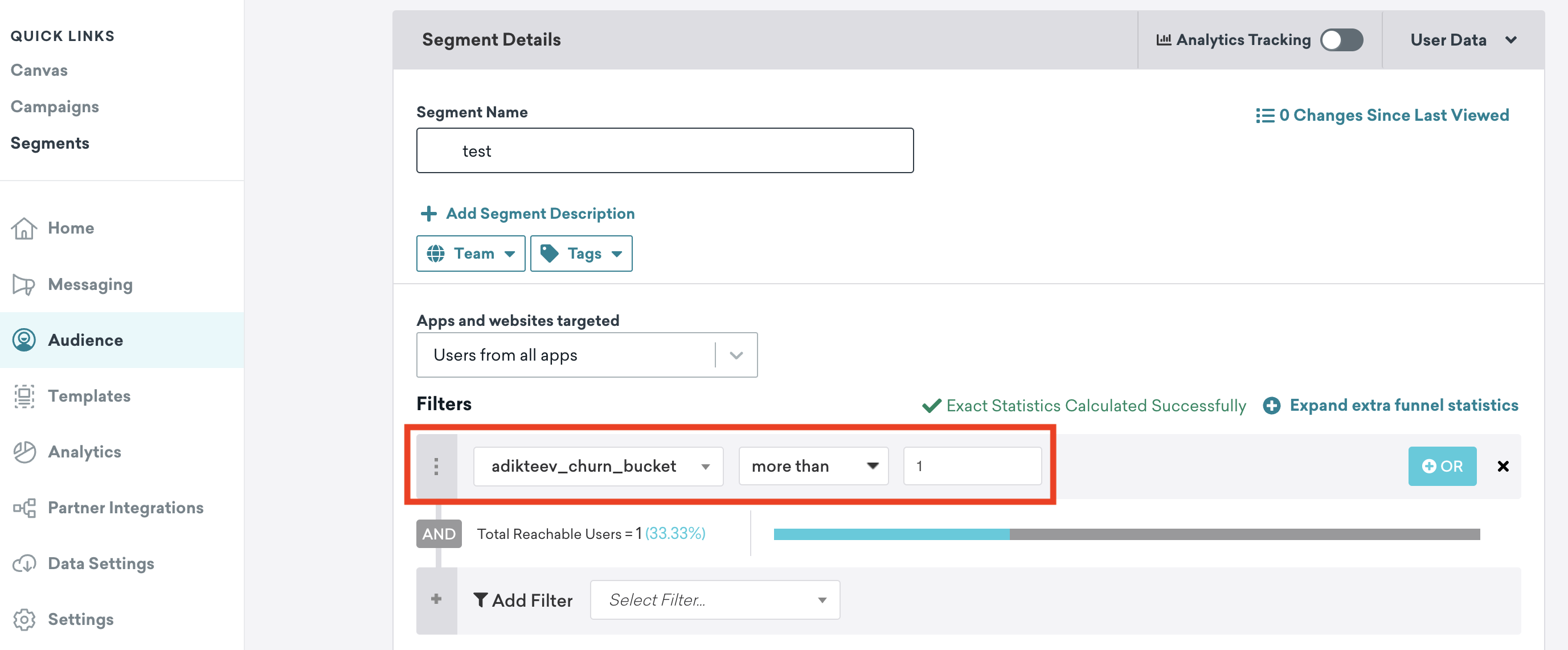 A screenshot showing an example of how to use a custom attribute sent by Adikteev as an audience segment filter.