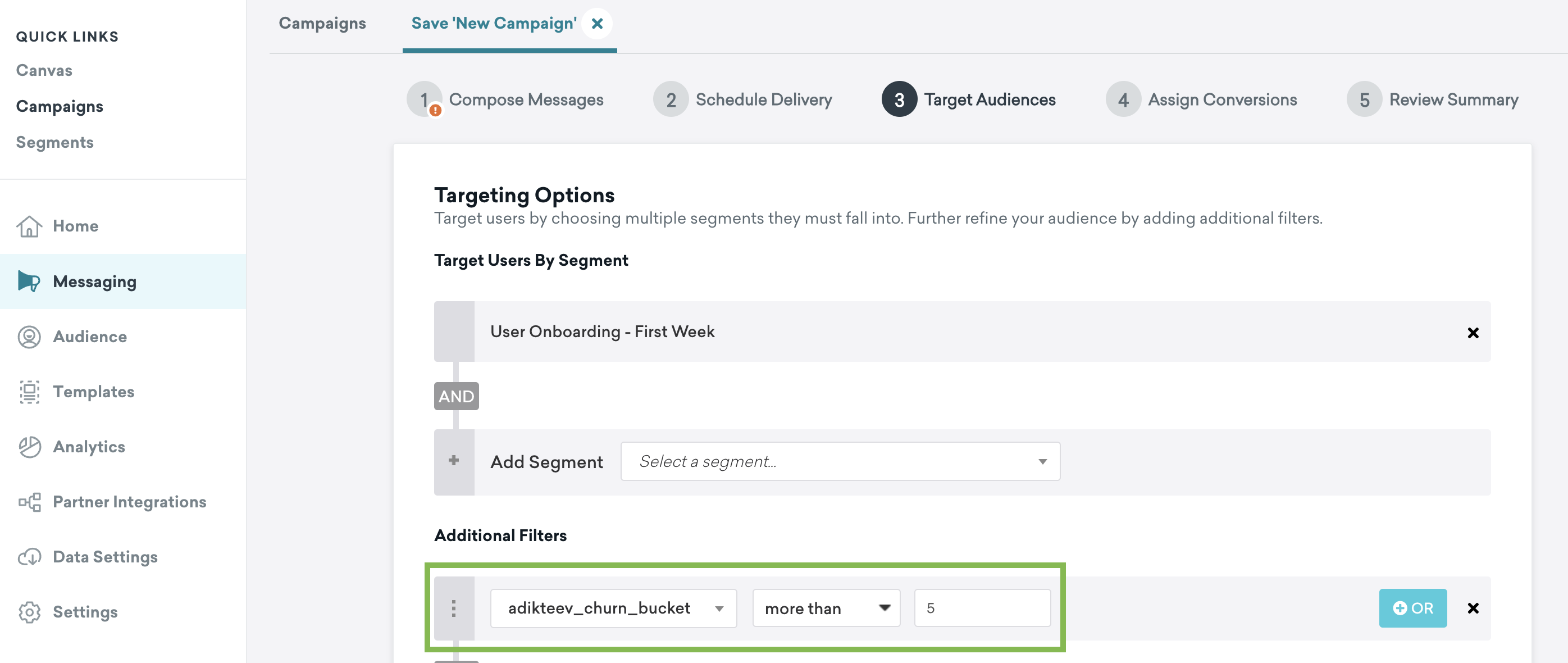 A screenshot showing an exampe of how to use a custom attribute sent by Adikteev as a campaign targeting filter.