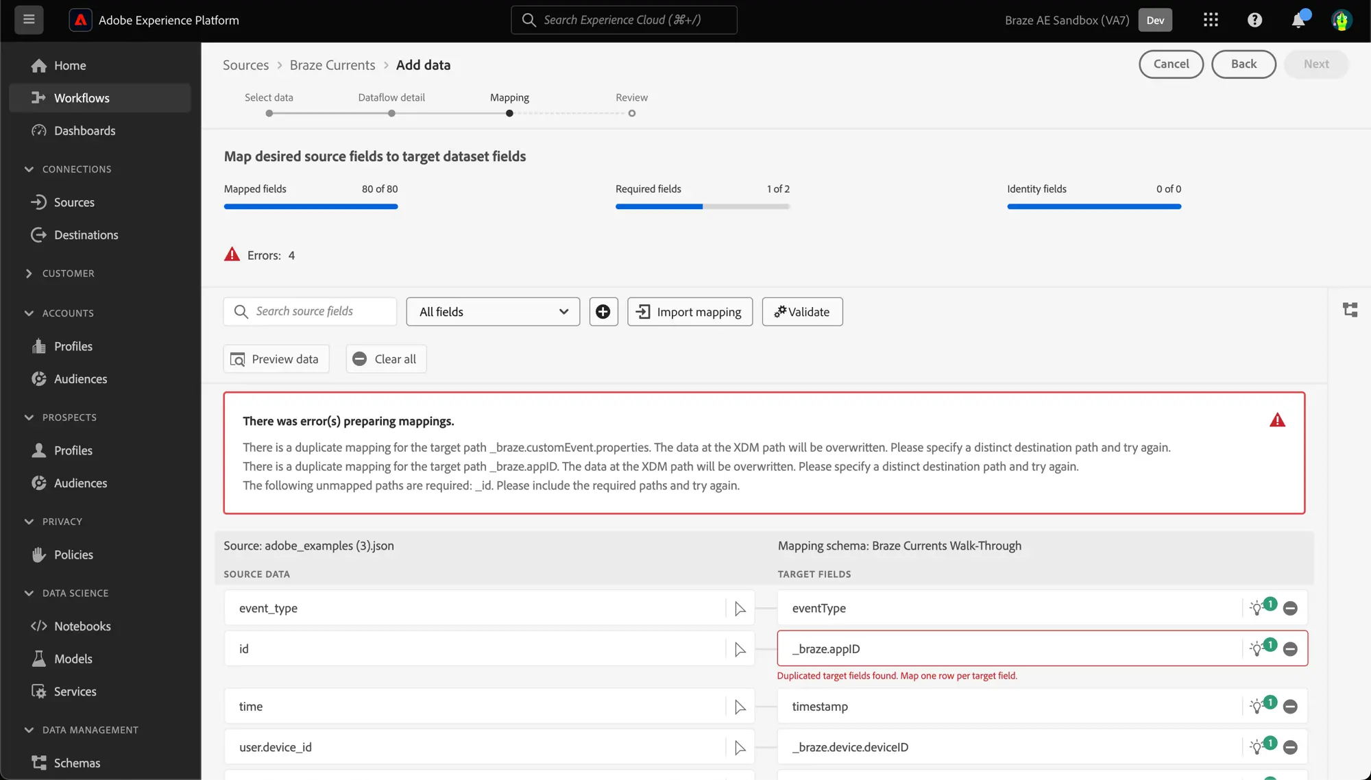 Adobe "Add data" page with mappings.