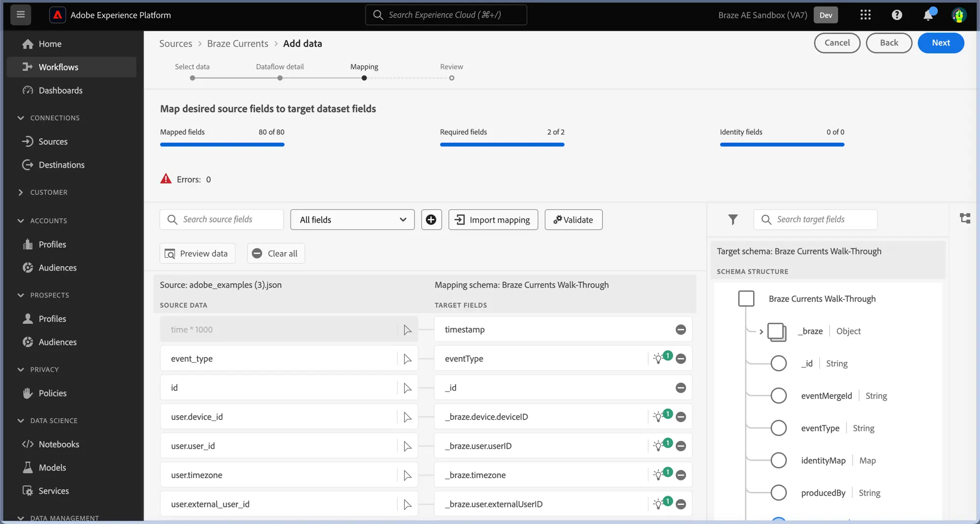 Adobe "Add data" page with no mapping errors.