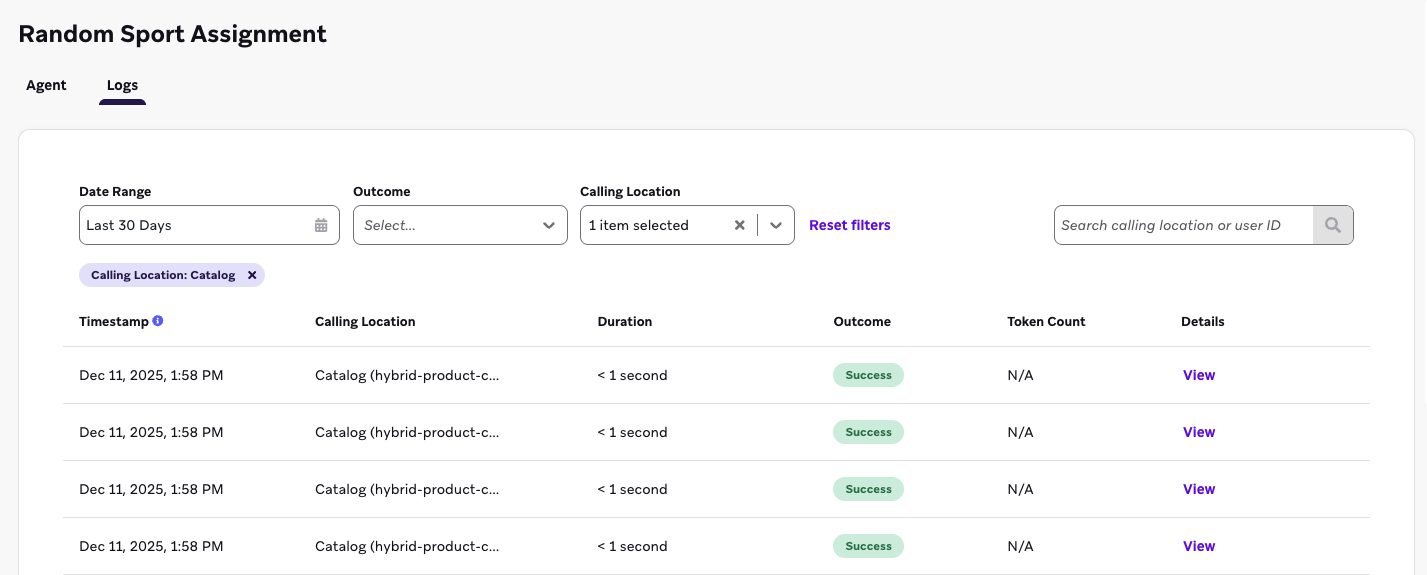 Logs for an agent Random Sport Assignment, which include when and where the agent has been called.