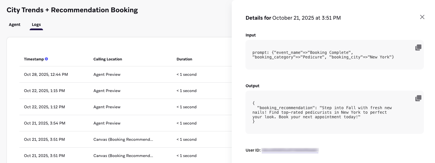 Logs for an agent City Trends and Recommendation Booking, which include when and where the agent has been called. The details panel shows the input prompt, output response, and an associated user ID.