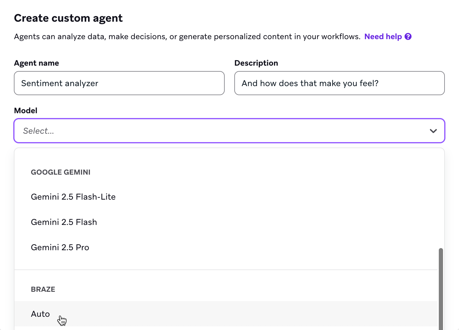 Agent Console interface for creating a custom agent in Braze. The screen displays fields for entering the agent name and description, and selecting a model.