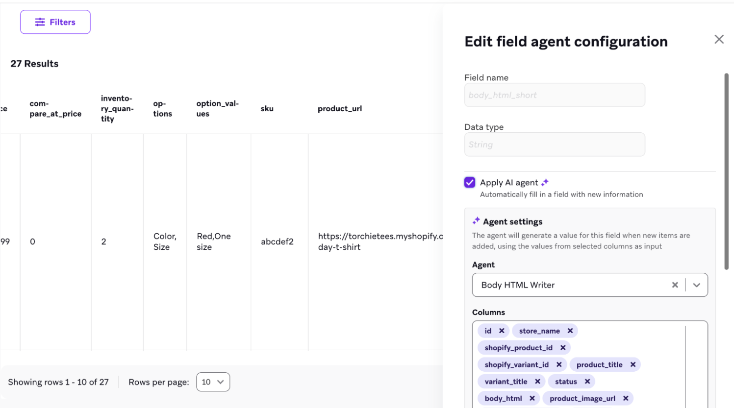 The option to select "Apply AI agent" for a catalog field.