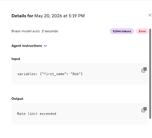 Agent Console log details showing a rate limit exceeded error in the Output field.