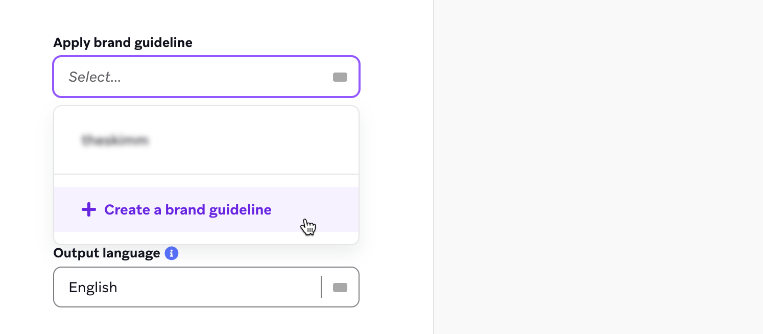 Dropdown for "Apply brand guidelines" expanded with the button "Create a brand guideline" in focus.
