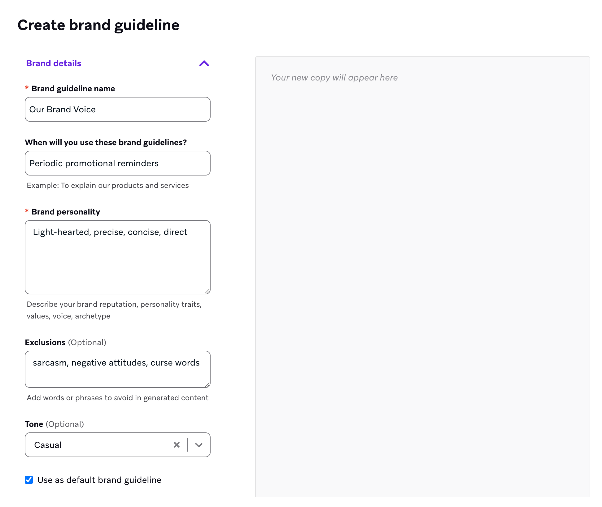 Brand guideline creation view.