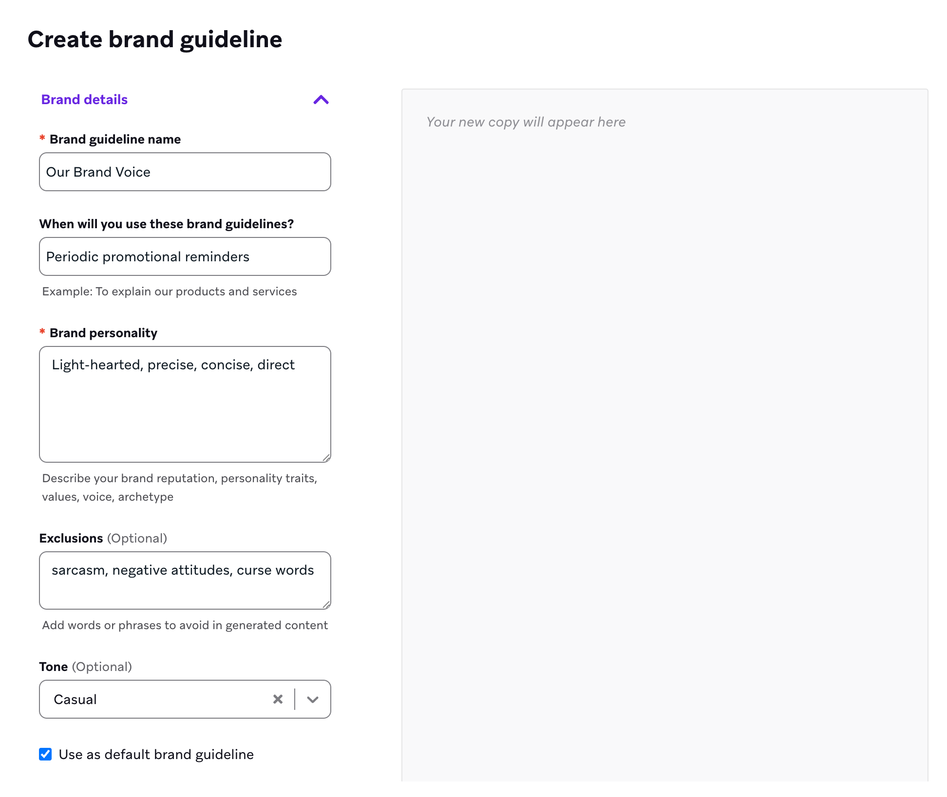 Brand guideline creation view"