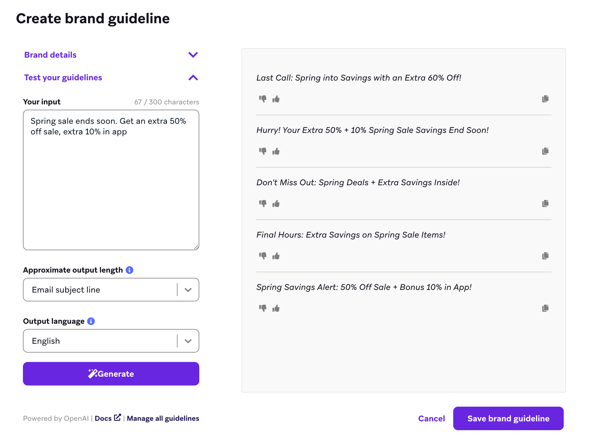 Testing brand guidelines with a promotion about a spring sale for email subject lines.