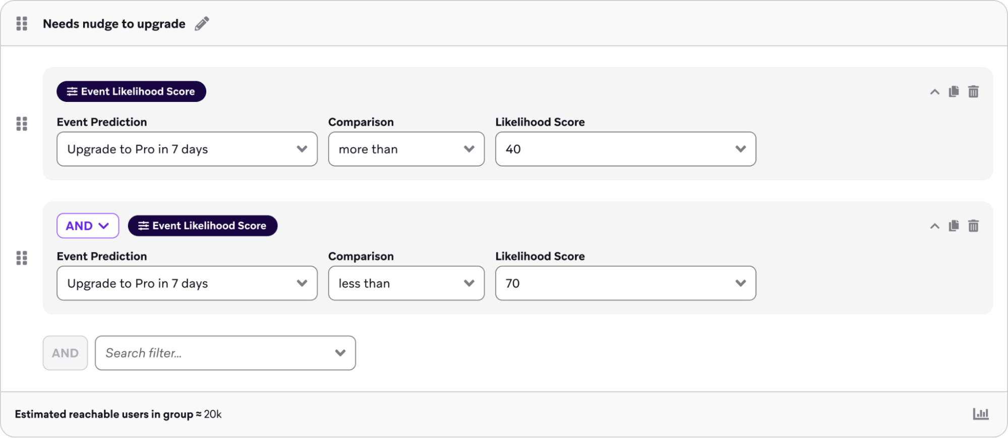 Segment builder with two filters for Event Likelihood Score.