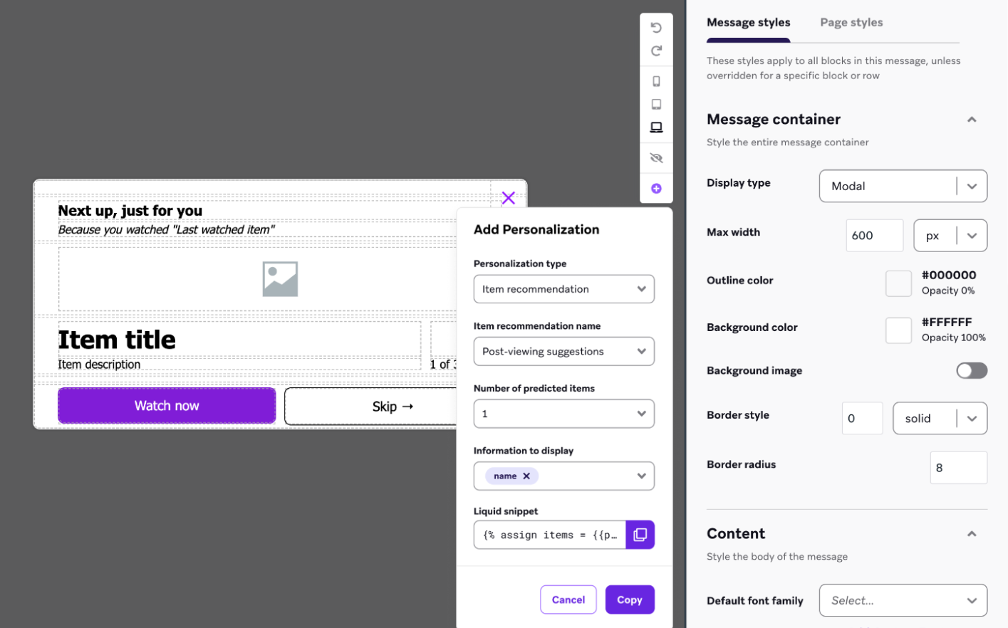 "Add Personalization" modal open in the Braze editor, with "Item recommendation" selected as the personalization type.