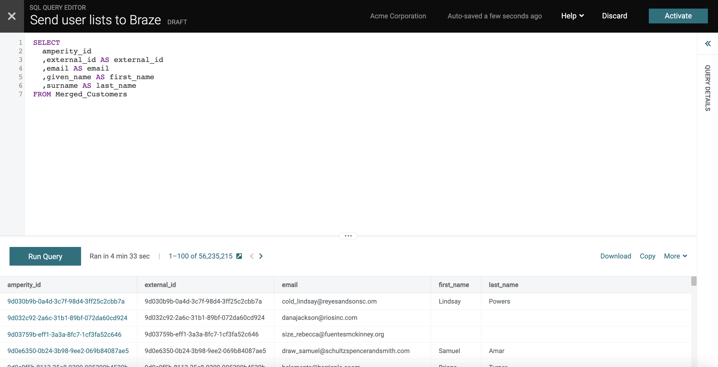 A summary of an Amperity query that has successfully created a list of users to be sent to Braze.