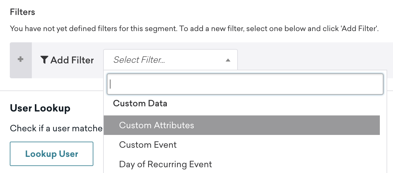 Dropdown list of filters with Custom Attributes displaying in the Custom Data category.