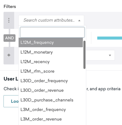 Dropdown list of custom attributes such as "l12m_frequency" and "l12m_monetary".