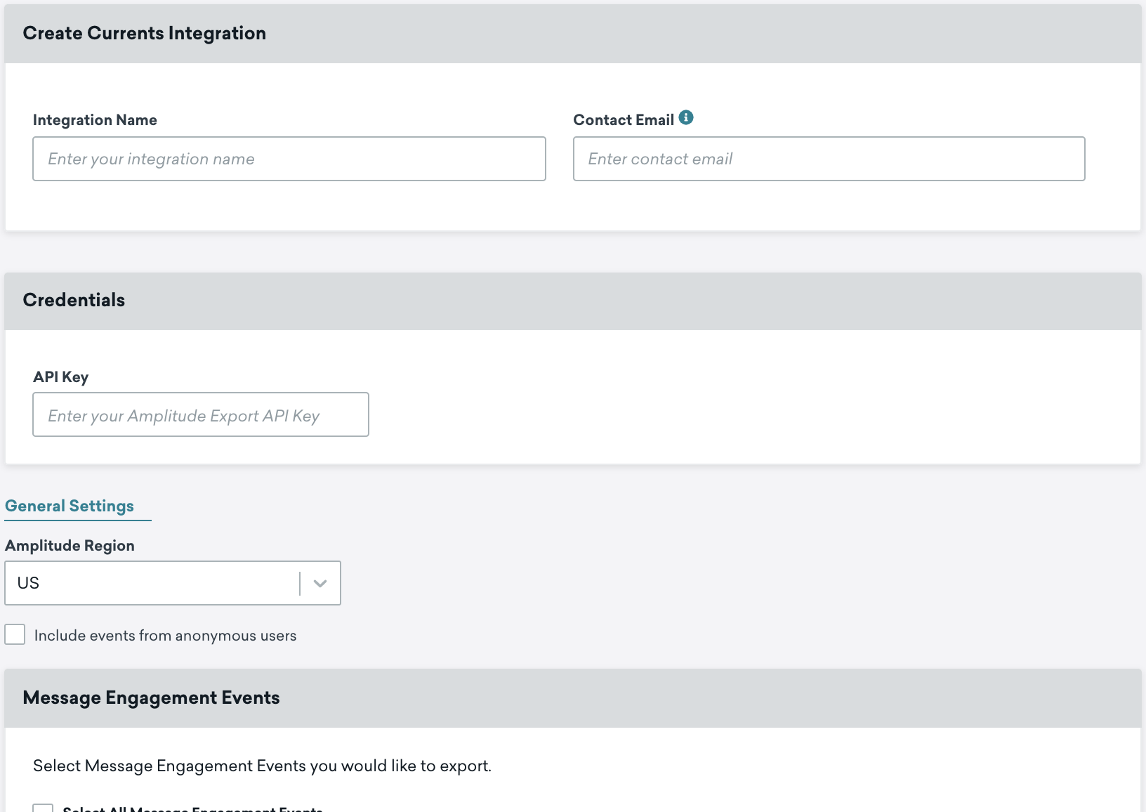 The Braze Amplitude Currents page. This page includes fields for integration name, contact email, API key, and US region. The lower half of the Currents page lists available Currents events you can send.