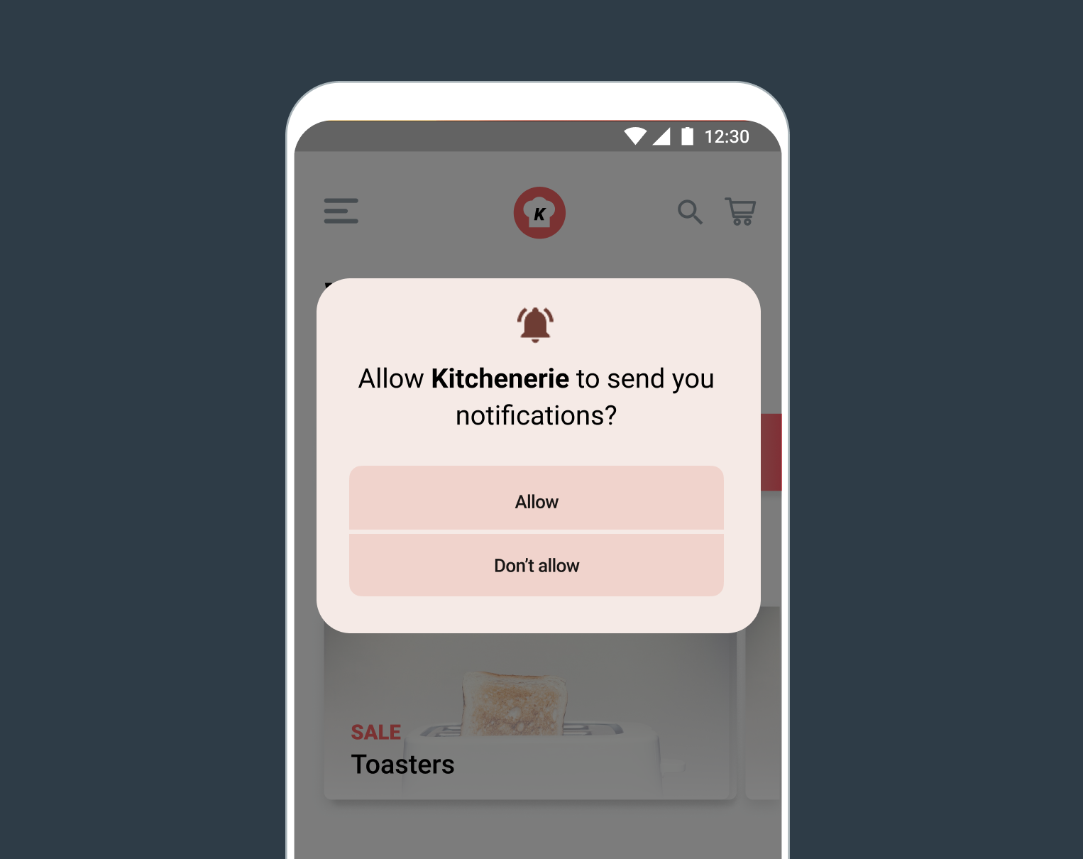 An Android push message asking "Allow Kitchenerie to send you notifications?" with two buttons "Allow" and "Don't allow" at the bottom of the message.