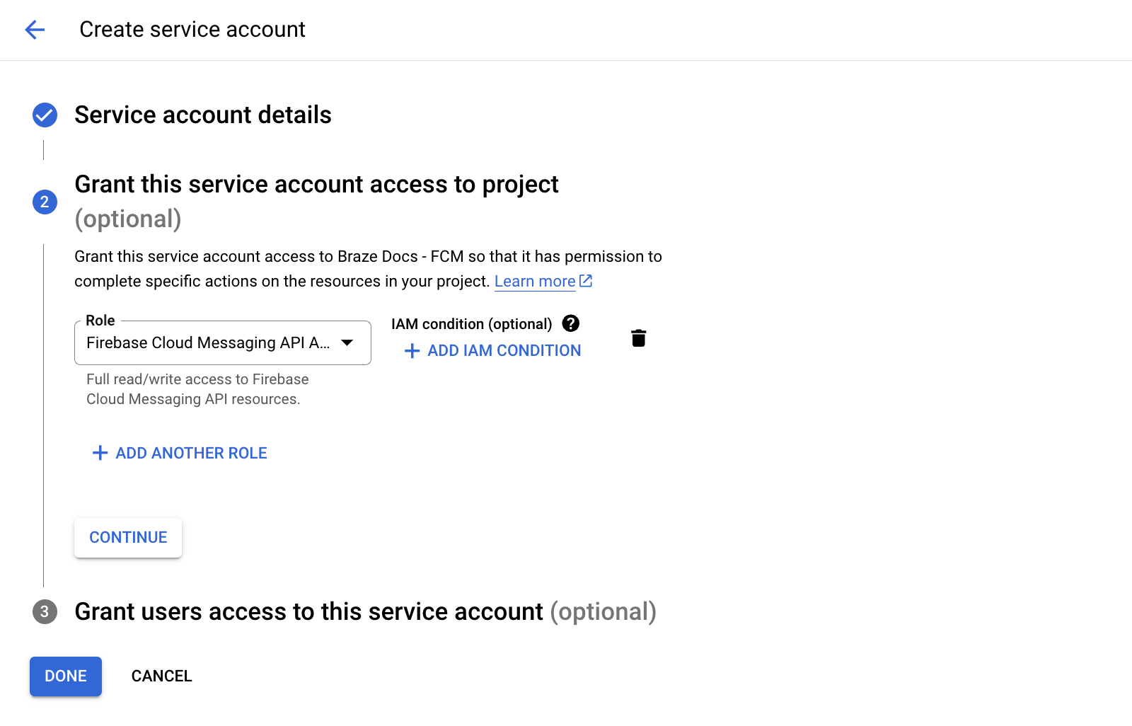 The form for "Grant this service account access to project" with "Firebase Cloud Messaging API Admin" selected as the role.