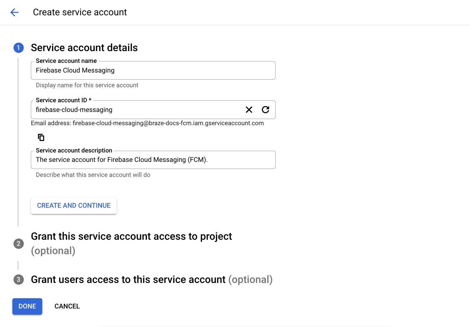 The form for "Service account details."