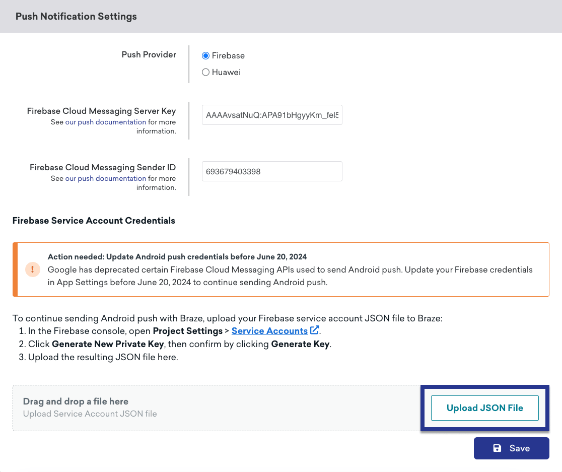 The form for "Push Notification Settings" with the private key updated in the "Firebase Cloud Messaging Server Key" field.