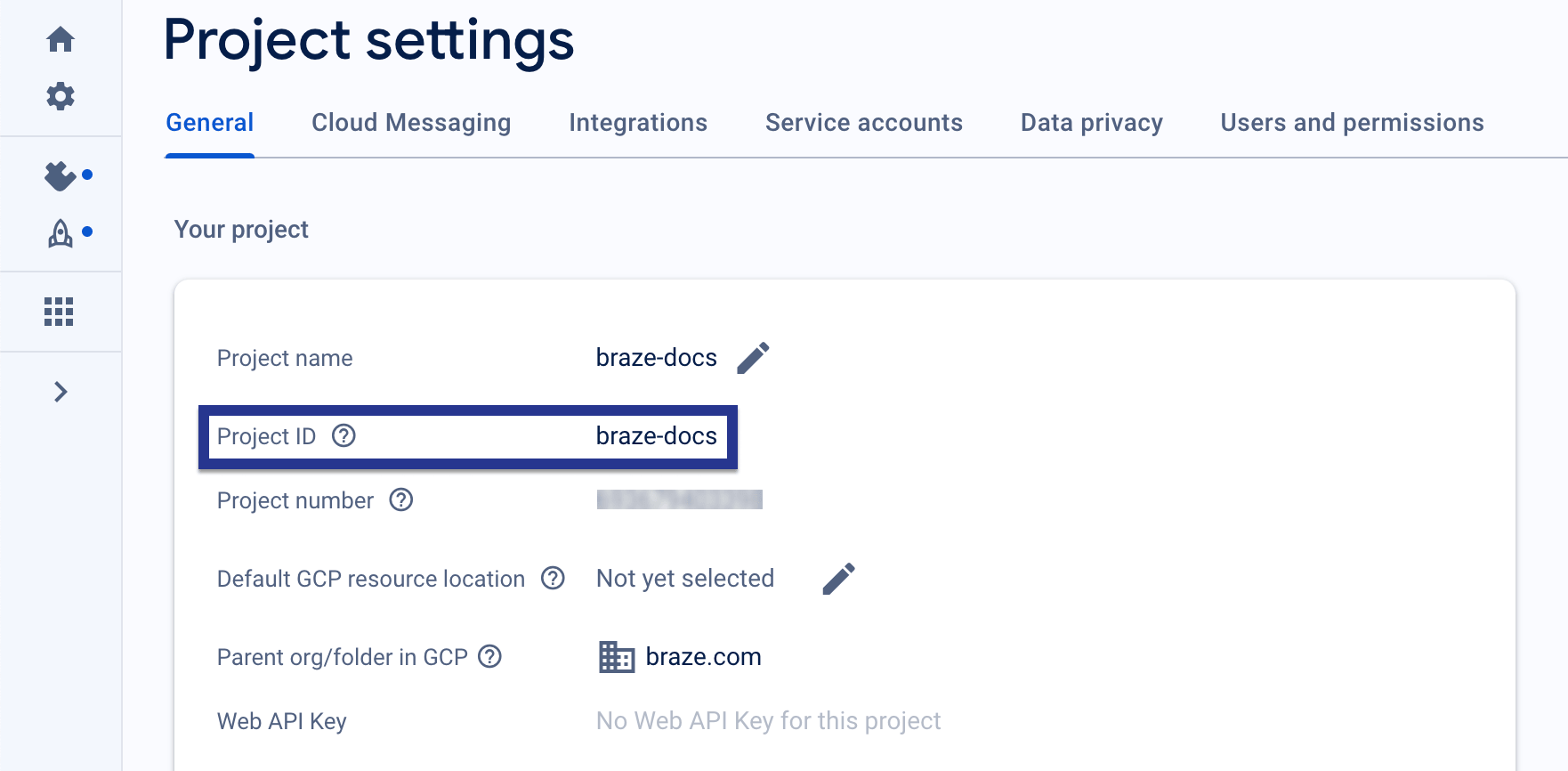 The Firebase project's "Settings" page with the "Project ID" highlighted.