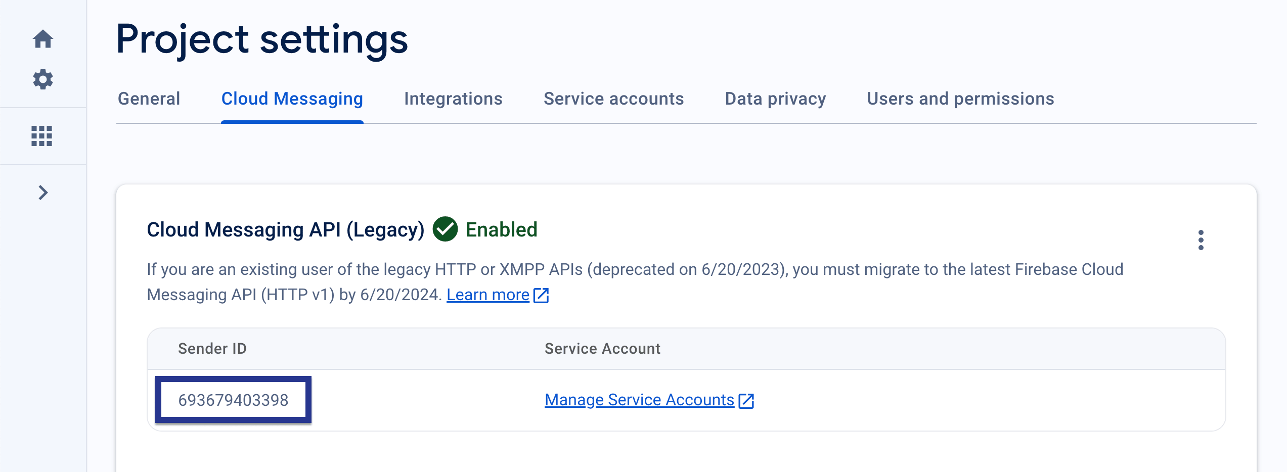 The Firebase project's "Cloud Messaging" page with the "Sender ID" highlighted.