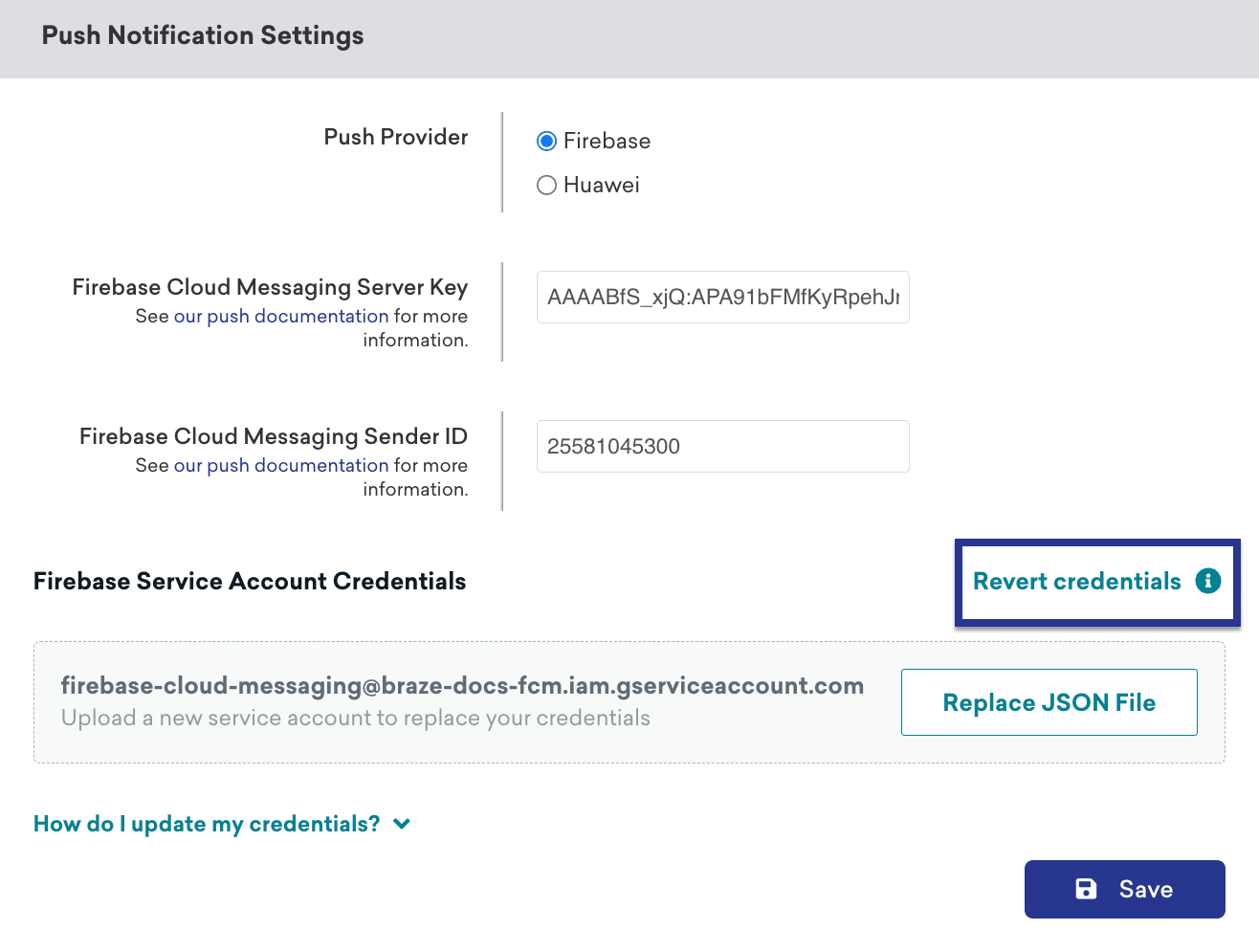 The form for "Push Notification Settings" with the "Revert Credentials" button highlighted.