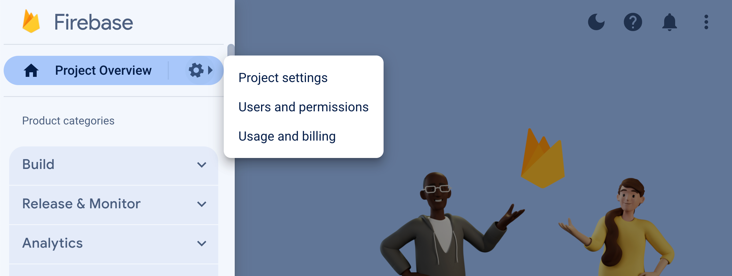 The Firebase project with the "Settings" menu open.