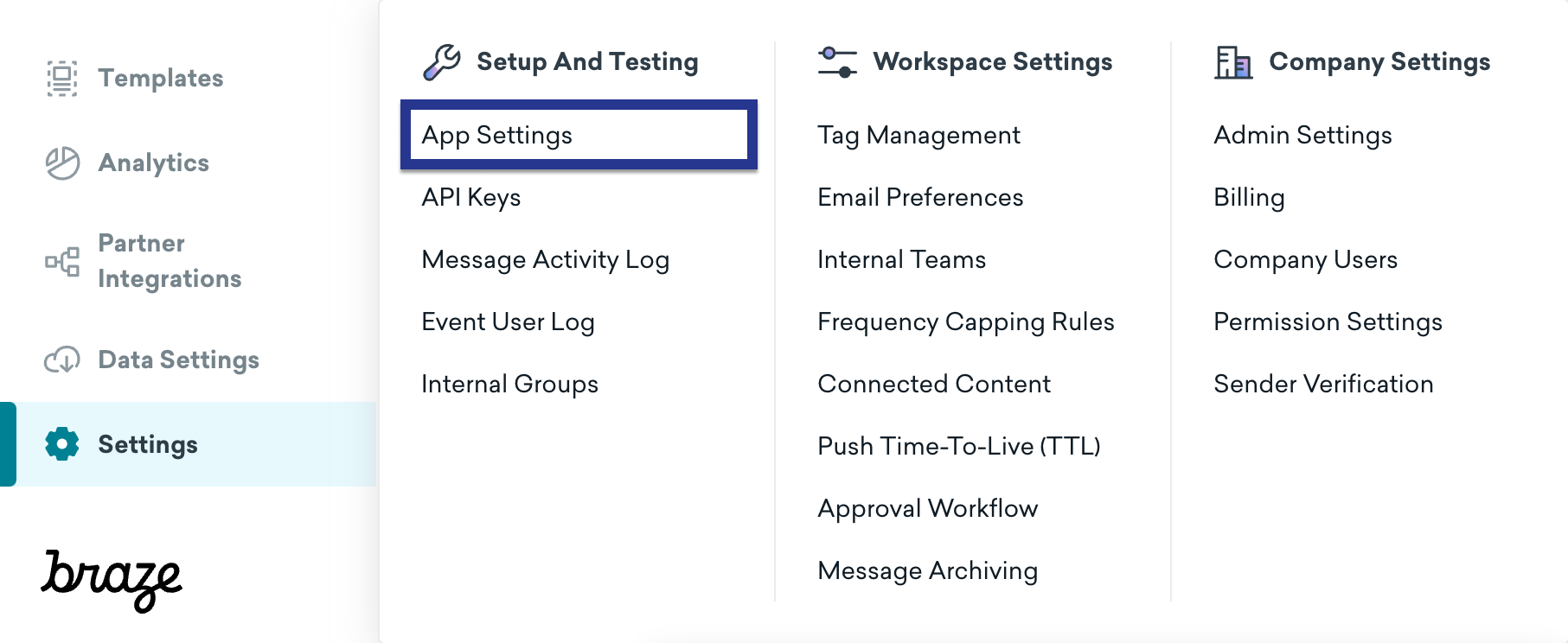 The "Settings" menu open in Braze with "App Settings" highlighted.