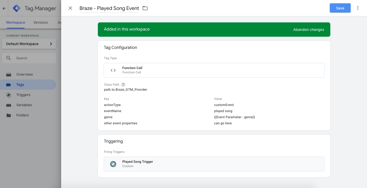 A tag in Google Tag Manager with classpath and key-value pair fields. This tag is set to trigger with the previously created "played song" trigger.