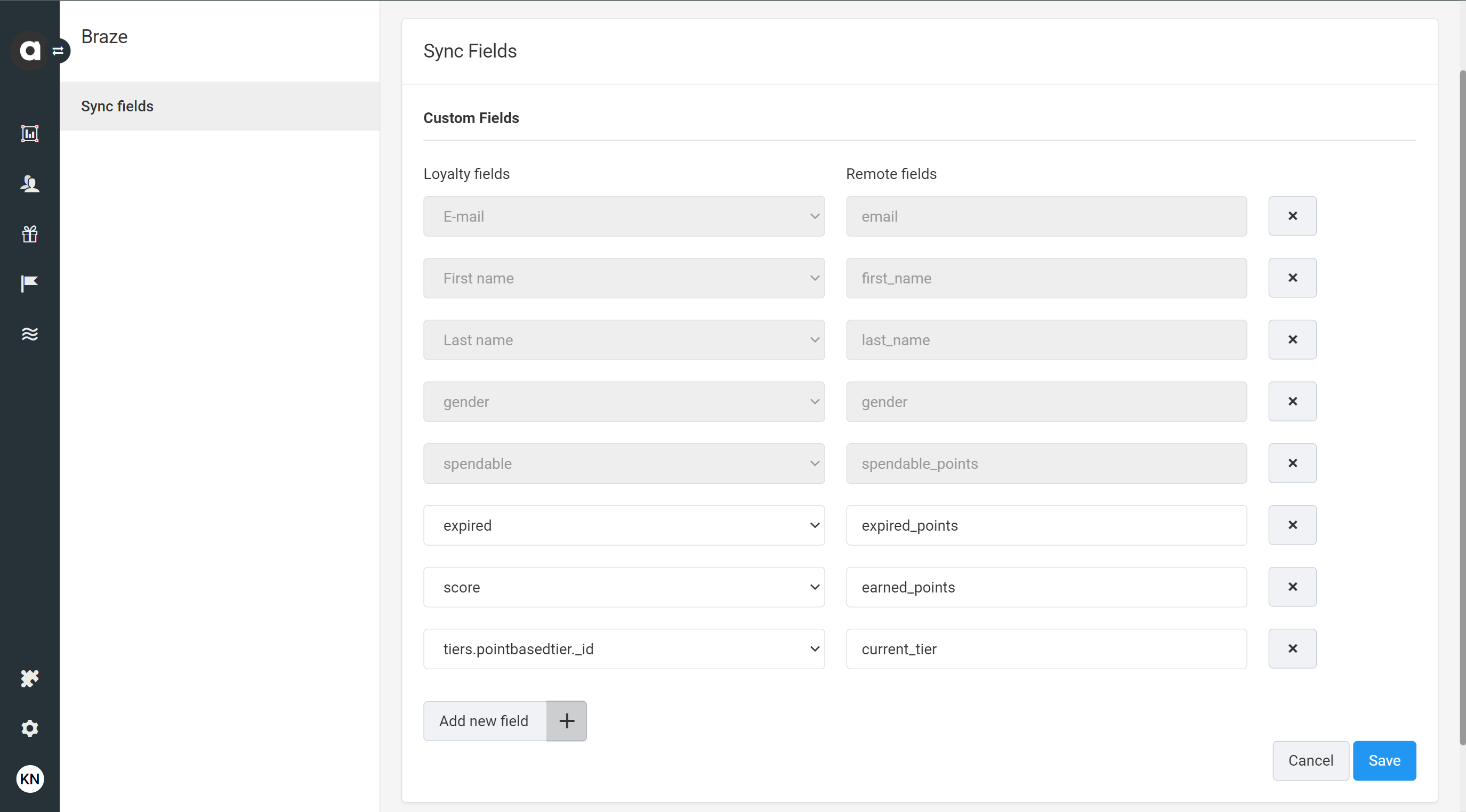 Sync Fields page in Antavo.