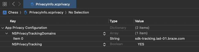 The 'PrivacyInfo.xcprivacy' file open with a Braze tracking endpoint listed under "NSPrivacyTrackingDomains".