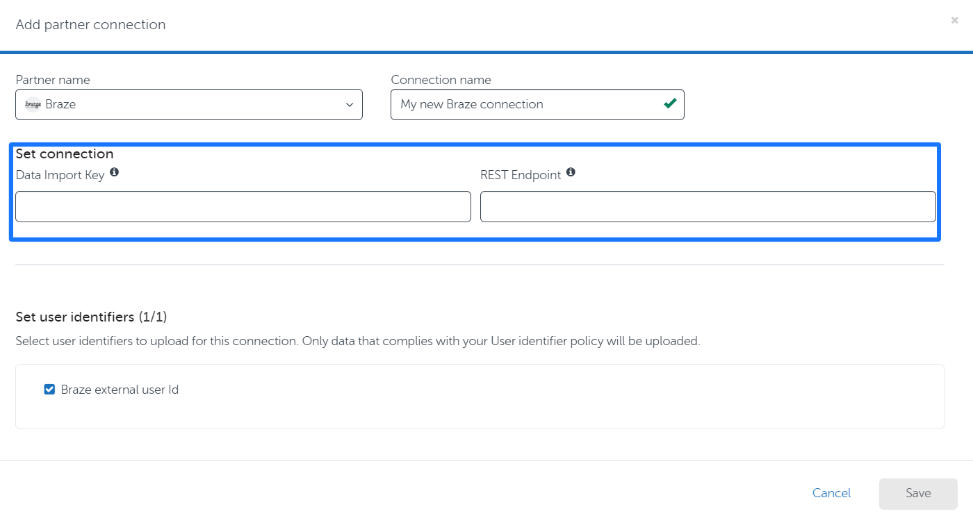 The AppsFlyer audiences platform partner connection configuration page. The lower part of the images shows that the Braze external ID box is checked.