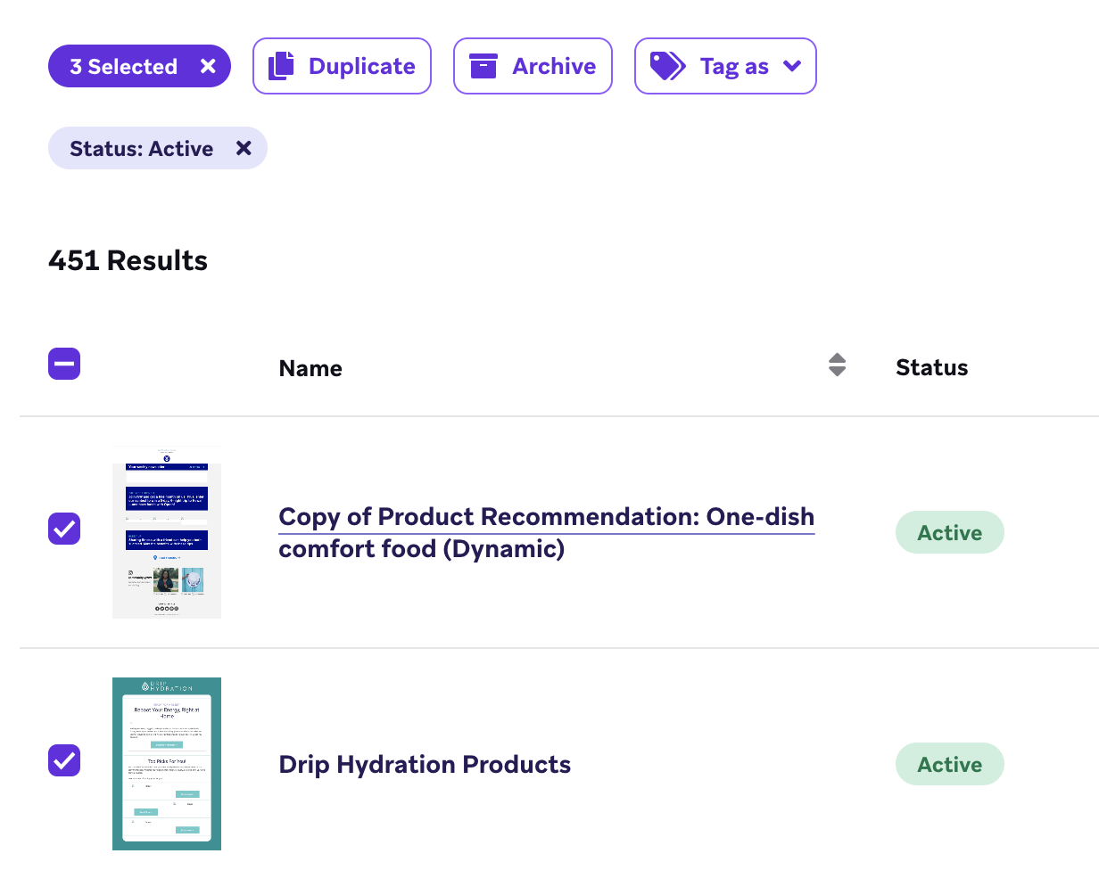 Saved Drop & Drop Email Templates section that shows two selected templates and toolbar with the option to archive.