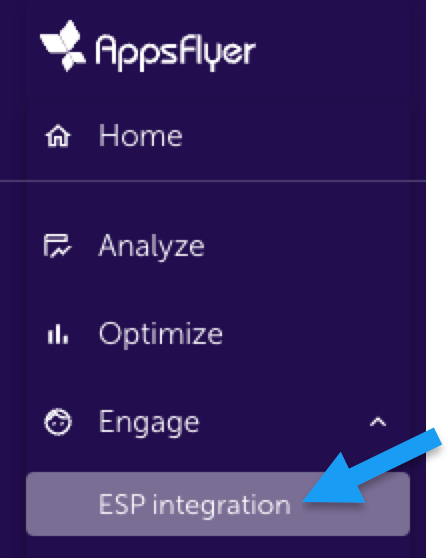 Appsflyer UI showing the “ESP Integration” button, found in the left hand menu