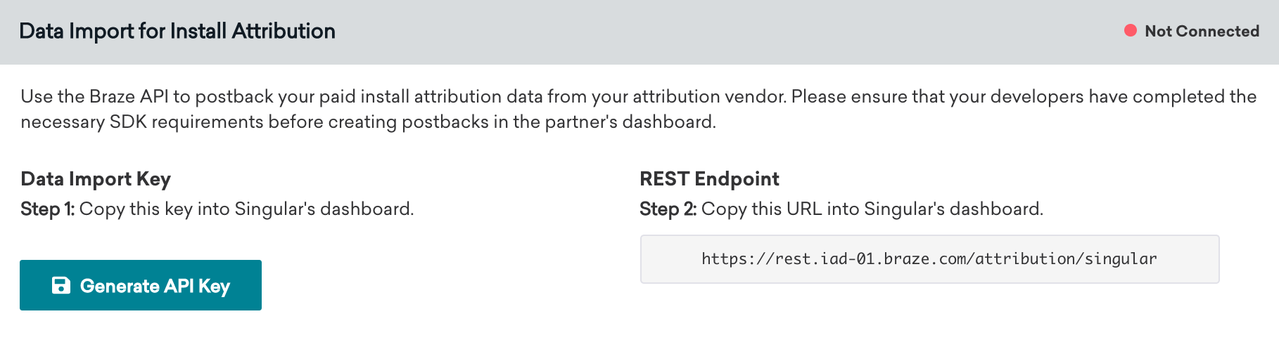 This image shows the "Data Import for Install Attribution" box found in the Singular technology page. In this box, you are shown the data import key and the REST endpoint.
