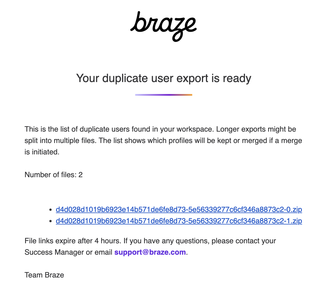 An email from Braze with a link to the generated CSV file.