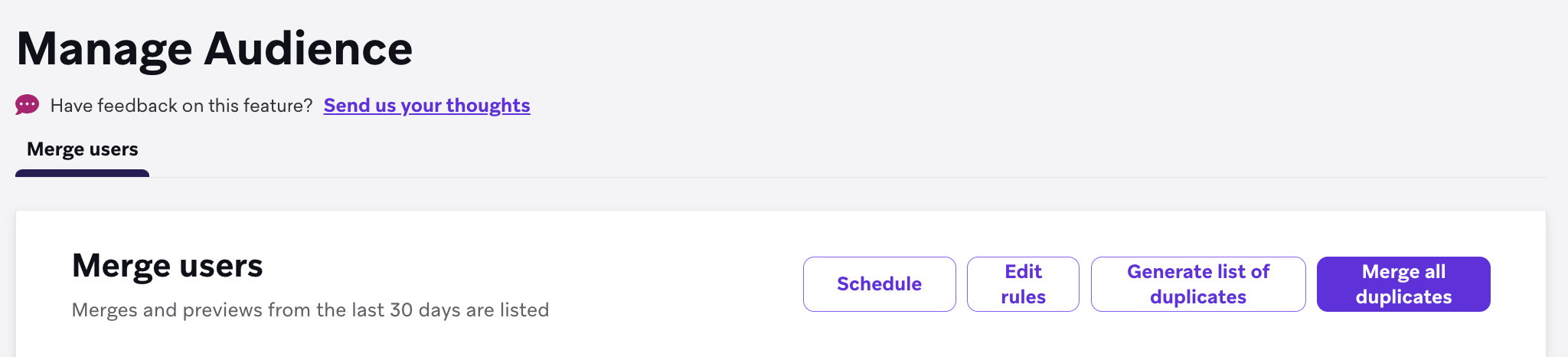 The "Manage Audience" page with "Generate list of duplicates" highlighted.