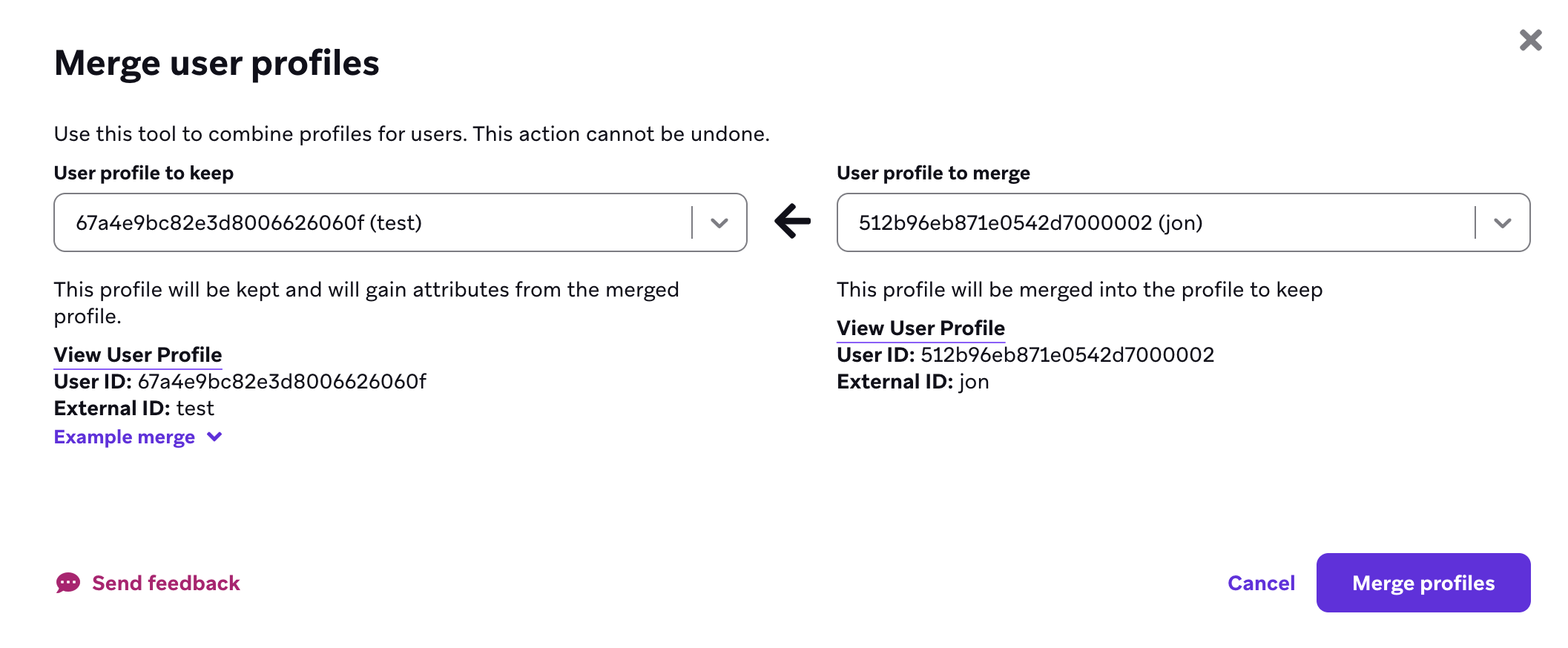 The individual merge page for a duplicate profile.