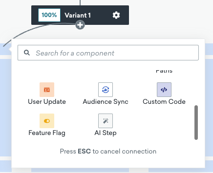 Canvas component menu to add the Audience Sync step to the user journey.