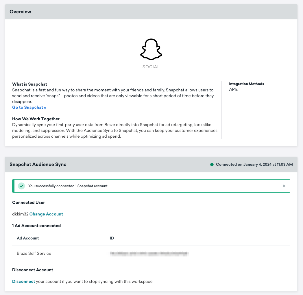 Snapchat Audience Sync settings with the message: "You successfully connected 1 Snapchat account".